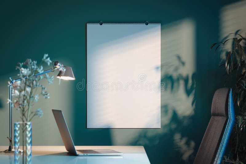 Blanka, vit affischkalender på ett lysande modernt kontor 3d-återgivning Tomt utrymme vektor illustrationer
