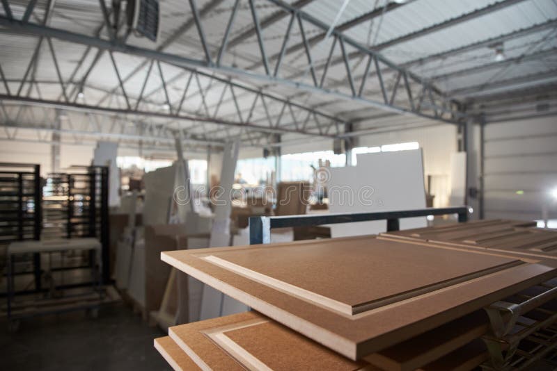 Blanks of Interior Doors from Chipboard at a Manufacturing Plant Stock