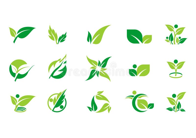 Blatt, Anlage, Logo, Ökologie, Leute, Wellness, Grün, Blätter, Natursymbol-Ikonensatz des Vektors entwirft