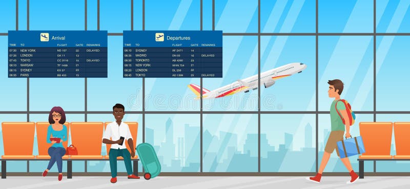 Blau getont Abfahrtaufenthaltsraum mit Stühlen, Informationstafeln und Leuten Terminalhalle mit Flugzeugansicht vektor abbildung