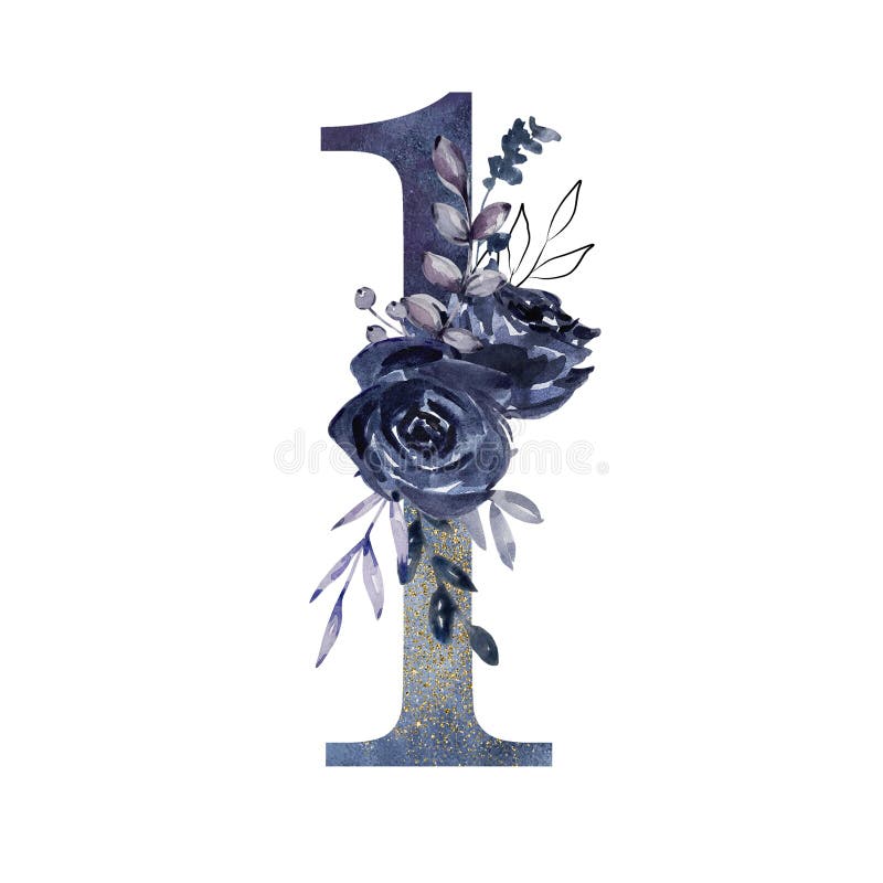 Blue number 1 decorated watercolor floral, elegant symbol. Blue number 1 decorated watercolor floral, elegant symbol