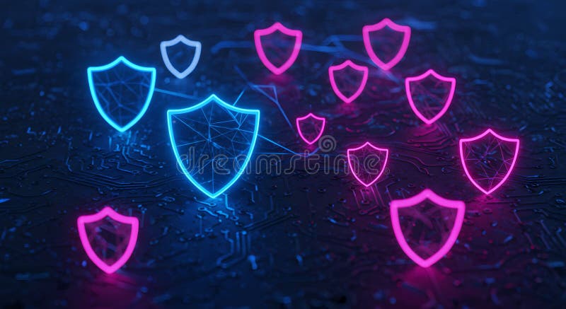 Blau und rosa Cyber-Sicherheitsschirme auf der Leiterplatte lizenzfreie abbildung