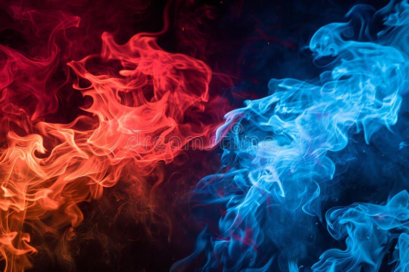 Blau und rot Flammen rot auf der linken Seite des Bildes blau rechts. schwarzer Hintergrund. stock abbildung