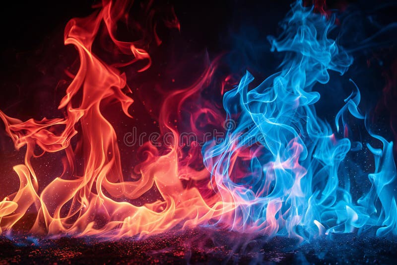 Blau und rot Flammen rot auf der linken Seite des Bildes blau rechts. schwarzer Hintergrund. lizenzfreie abbildung