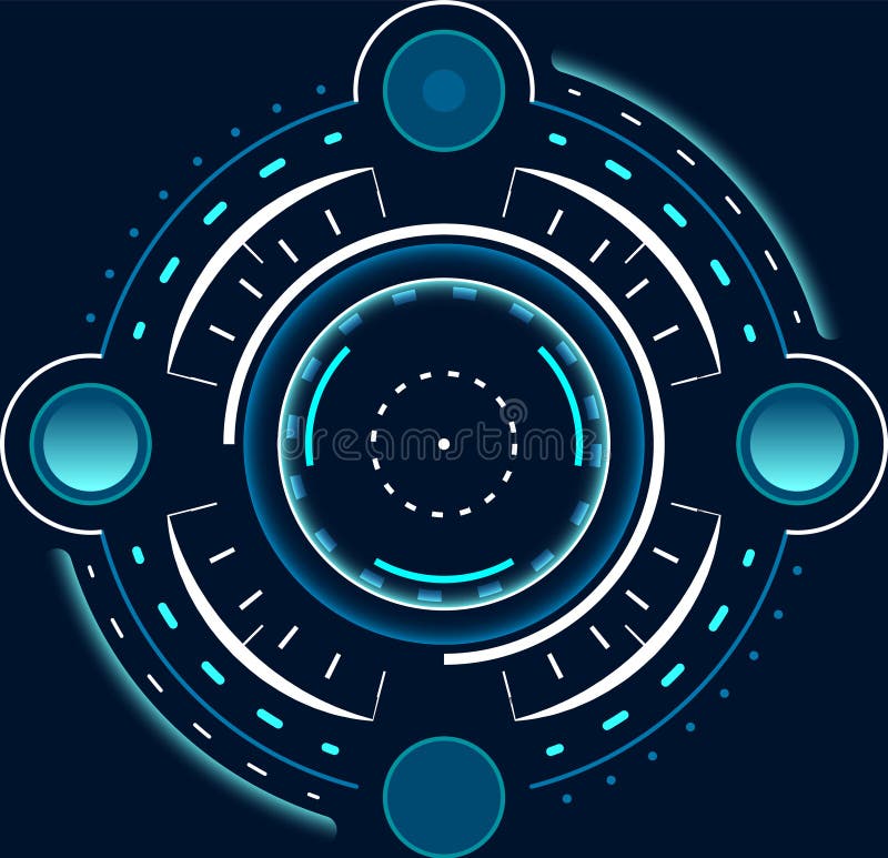 Blau-weiß-futuristische Köpfe drehen sich um ein Display-Element, das eine dunkle Kulisse bietet und eine beeindruckende visuelle vektor abbildung