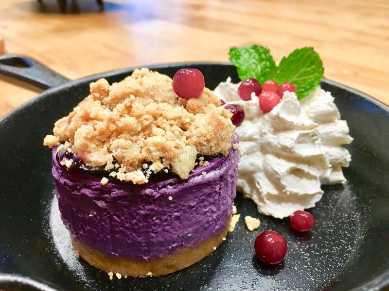 Blaubeerkäsekuchen mit Schlagsahne und Cracker, Moosbeere und Pfefferminz verzieren innerhalb der klassischen Wannentonware stockfoto