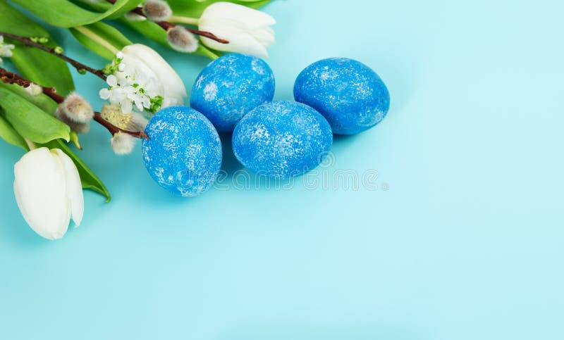 Blaue Eier Weiße Tulpen Weidenzweige und blühender Apfelbaum auf blauem Hintergrund. lizenzfreie stockfotos