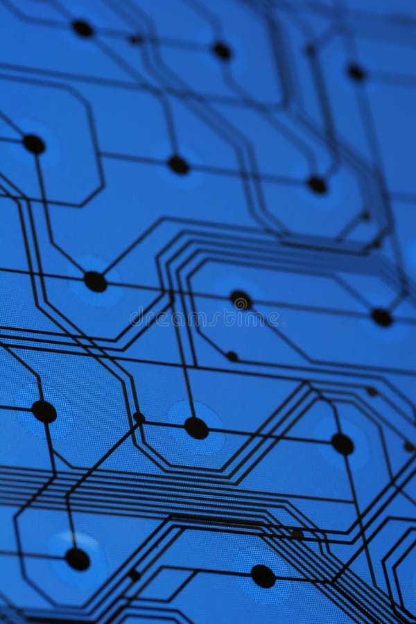 Printed electrical circuits embedded in a blue semiconducting circuit board for electronic equipment. Printed electrical circuits embedded in a blue semiconducting circuit board for electronic equipment.