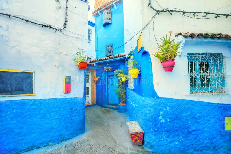 Blaue Farbwände von Häusern mit bunten Blumentöpfen in Chefchaouen Es auch bekannt durch seinen portugiesischen Namen von Mogador lizenzfreies stockbild Blaue Farbwände von Häusern mit bunten Blumentöpfen in Chefchaouen Es auch bekannt durch seinen portugiesischen Namen von Mogador lizenzfreies stockbild