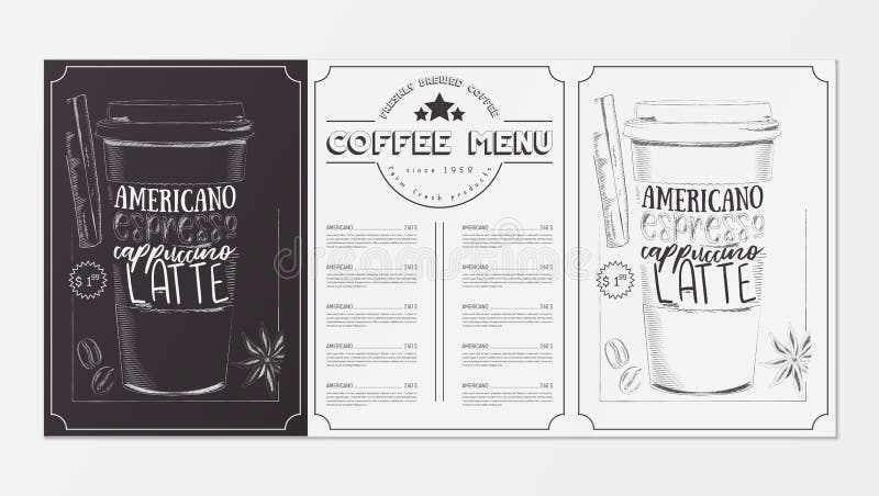 Coffee Menu for Restaurant, Coffee House, Cafe. Design Placemat with Two Variants of Cover - Black Chalkboard and White Background. Hand-drawn Graphic Vector Illustrations - Paper Cup with Latte. Coffee Menu for Restaurant, Coffee House, Cafe. Design Placemat with Two Variants of Cover - Black Chalkboard and White Background. Hand-drawn Graphic Vector Illustrations - Paper Cup with Latte