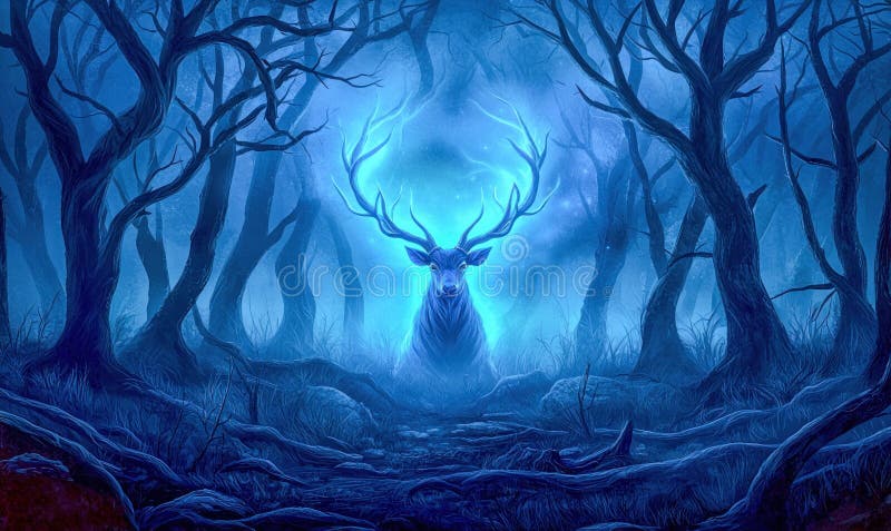 Blaue Hirschsuhren aus einem dunklen Wald schaffen eine ätherische und mystische Atmosphäre. lizenzfreie abbildung