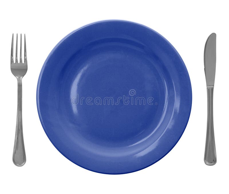 Blaue leere Platte mit Gabel und Messer lizenzfreies stockfoto