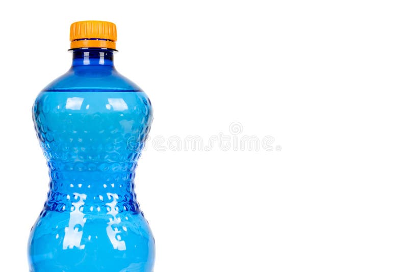 Blaue Plastikwasserflasche mit der orange Kappe, lokalisiert auf weißem Hintergrund, Kopienraumschablone stockfotos Blaue Plastikwasserflasche mit der orange Kappe, lokalisiert auf weißem Hintergrund, Kopienraumschablone stockfotos