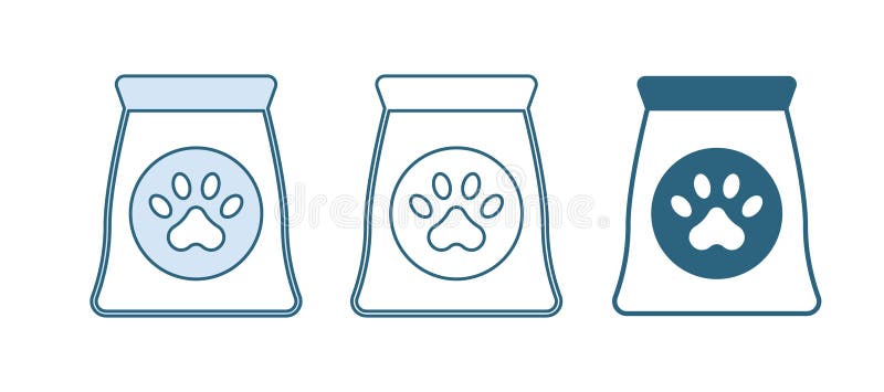 Blaue Tasche Lebensmittel für Begleiter Ikone isoliert auf weißem Hintergrund. Tierfutter. Knochenzeichen der Hunde. Beipackzettel stockbilder
