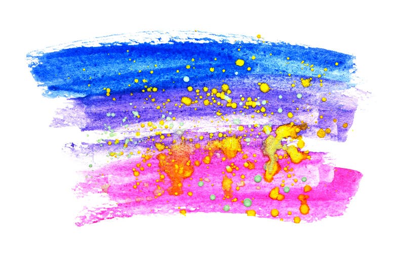 Blaue und rosa Pinselstriche mit gelben Flecken auf weißem Hintergrund. Handgezeichnete abstrakte Pinselstriche. Farbige Wasserfar lizenzfreie abbildung