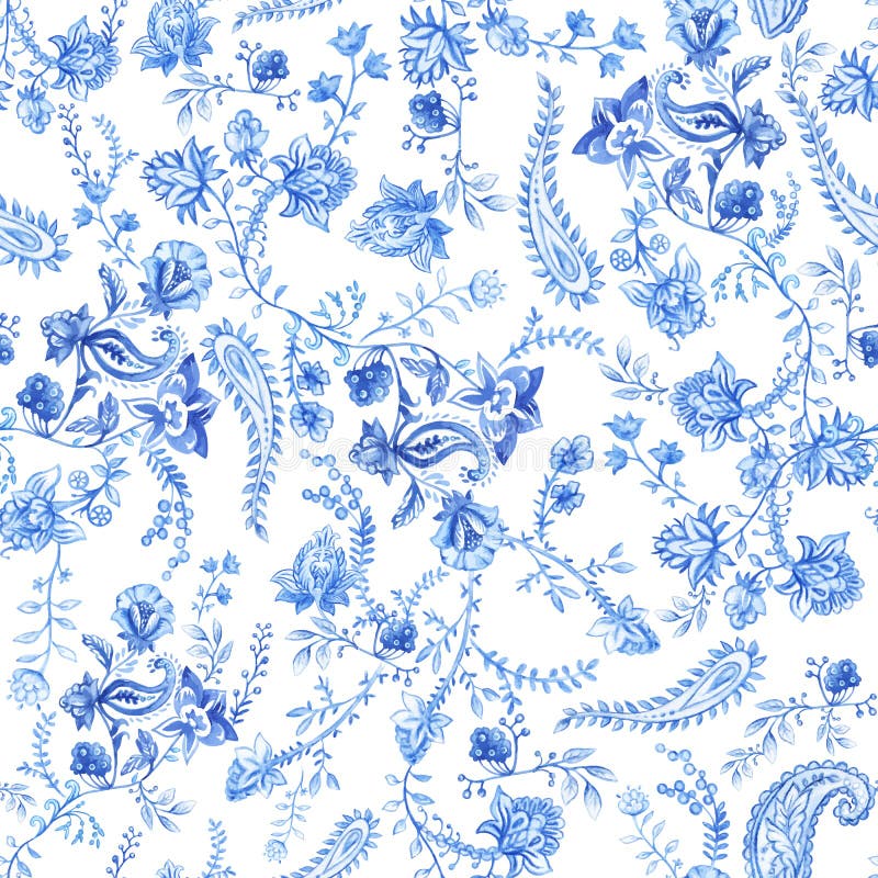 Blaue und weiße Blumentapete Nahtloses mit Blumenmuster in Paisley-Art Dekorativer botanischer Hintergrund Hellblau