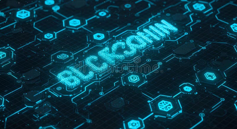 Blauer Blockchain Text auf abstrakten digitalen Netzwerken leuchten. Eine Hightech-Illustration auf einem dunkelumschaltähnlichen Hintergrund mit dem leuchtenden blauen Text BLOCKCHAIN wird prominent angezeigt. Um den Text herum ist ein abstraktes Netzwerk von blauen Linien sechseckigen Knoten und kreisförmigen Elementen, die Blockchain Technologie digitalen Netzwerken und dezentralisierten Systemen darstellen.