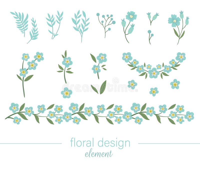 Blauer Blumenklammer Flat trendige Abbildung mit Blumen, Blättern, Ästen Wiesen, Wälder, Waldgärten