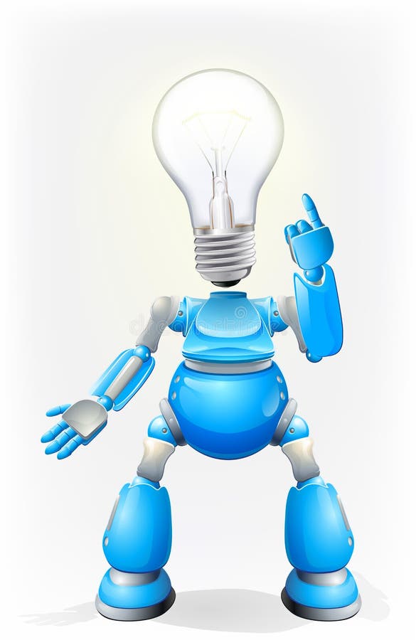 Illustration of a blue robot character with a light bulb for a head. Illustration of a blue robot character with a light bulb for a head