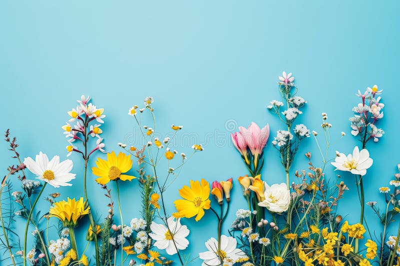 Blauer Hintergrund mit einer großen Blumenauswahl lizenzfreies stockfoto