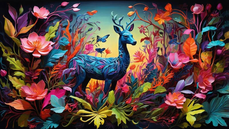 Blauer Hirsch in surreal blühender Landschaft, ideal für naturbelassene Kunstdrucke stock abbildung