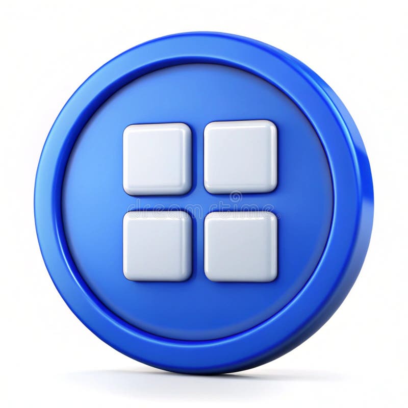 Blauer Kreis mit vier Quadrat-3D-Symbol. Blauer Kreis mit vier Quadrat 3D Symbol isoliert auf transparentem Hintergrund