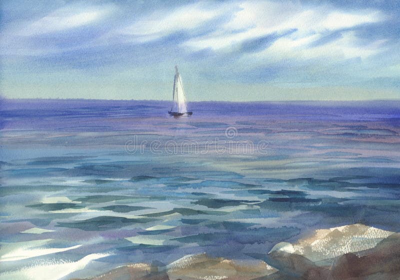 Blauer Meerblick mit einem Segelaquarellhintergrund stock abbildung Blauer Meerblick mit einem Segelaquarellhintergrund stock abbildung