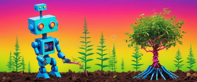 Blauer Roboter, der Pflanzen anzieht, in einem lebendigen futuristischen Garten lizenzfreie stockbilder