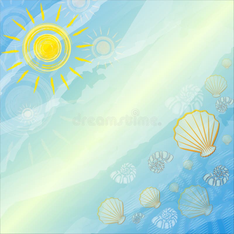 Abstract summer blue background with drawn yellow suns, shells and scallops. Abstract summer blue background with drawn yellow suns, shells and scallops