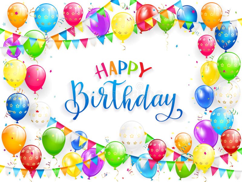 Blauer Text alles Gute zum Geburtstag mit Ballonen und mehrfarbigen Konfettis lizenzfreie abbildung Blauer Text alles Gute zum Geburtstag mit Ballonen und mehrfarbigen Konfettis lizenzfreie abbildung