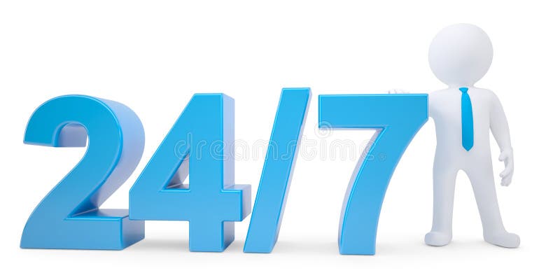 Blauer Text und weißer Mann 3d. Rund um die Uhr 7 Tage in der Woche vektor abbildung Blauer Text und weißer Mann 3d. Rund um die Uhr 7 Tage in der Woche vektor abbildung