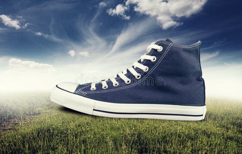 Blauer Turnschuh auf Gras stockfotografie Blauer Turnschuh auf Gras stockfotografie