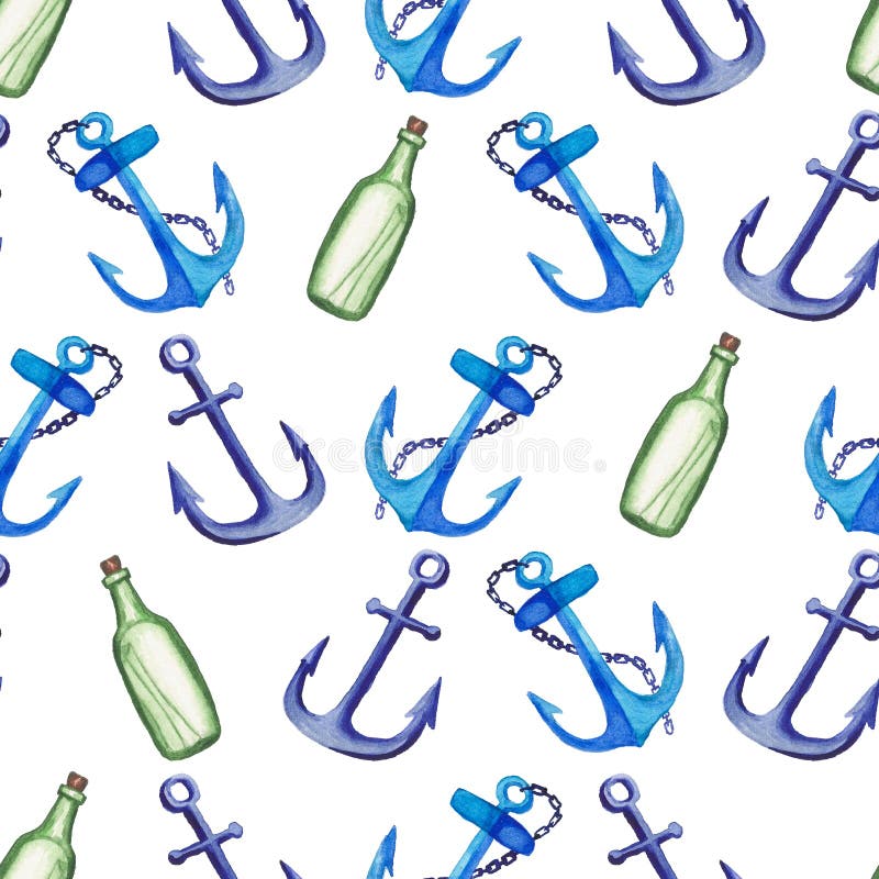 Blaues Ankermuster des Aquarells mit grüner Flasche lizenzfreie abbildung