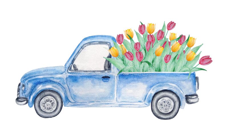 Грузовик с тюльпанами. Тюльпаны в машине иллюстрация. Машина с тюльпанами рисунок. Машина акварелью для детей.