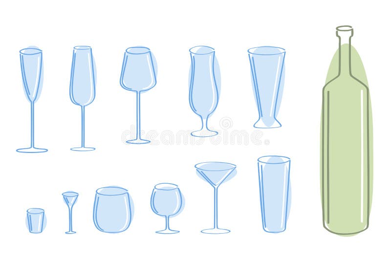Blaues Glas und grüne Flasche. lizenzfreie abbildung