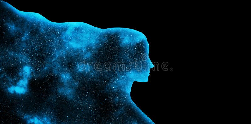 Blau leuchtende Sternenwelt in Form eines weiblichen Profils Silhouette auf schwarzem Hintergrund