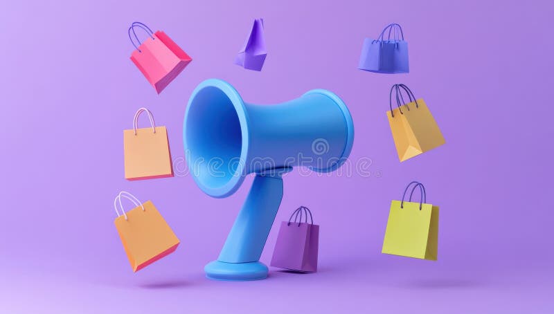 Blaues Megaphon, umgeben von farbenfrohen Einkaufstaschen auf violettem Hintergrund lizenzfreie stockbilder