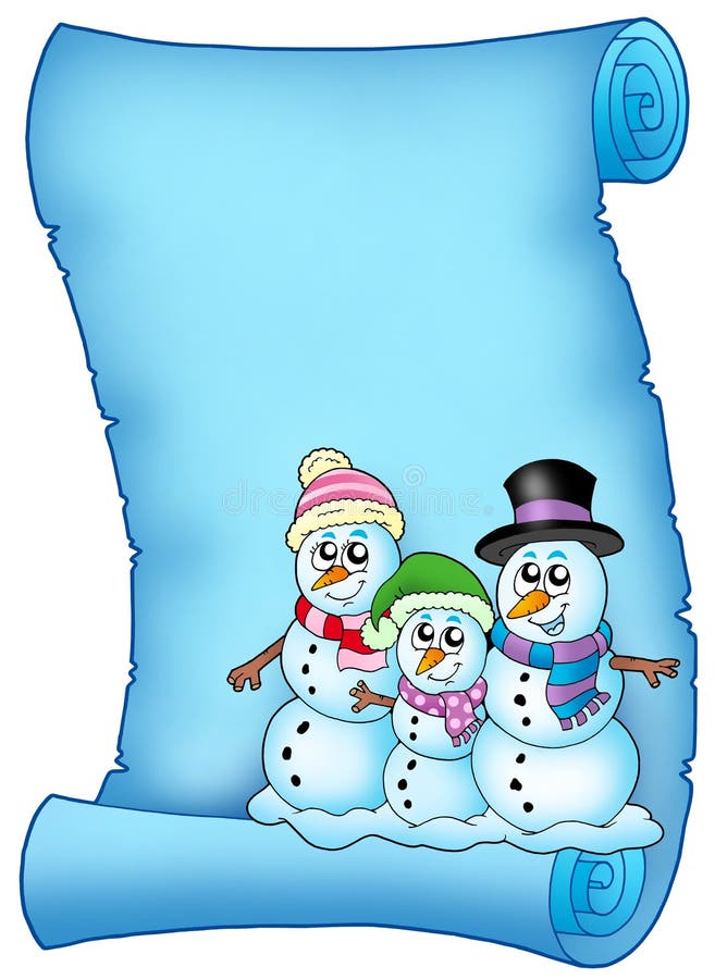 Blaues Pergament mit Schneemannfamilie stock abbildung Blaues Pergament mit Schneemannfamilie stock abbildung