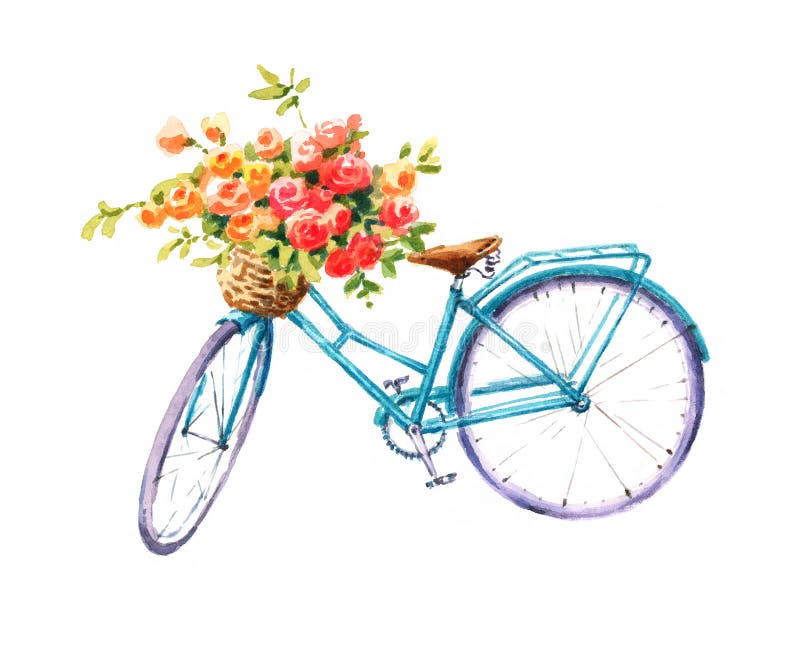 Blaues Weinlese-Fahrrad mit einer Blumenkorb Aquarell-Sommer-Garten-Illustration handgemalt vektor abbildung Blaues Weinlese-Fahrrad mit einer Blumenkorb Aquarell-Sommer-Garten-Illustration handgemalt vektor abbildung