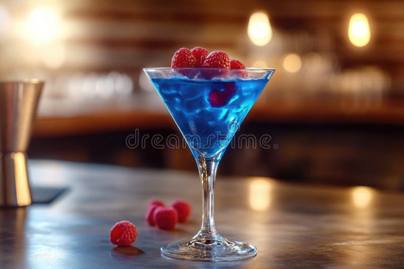 Blauflüssiges Glas mit Himbeeren lizenzfreie stockfotos