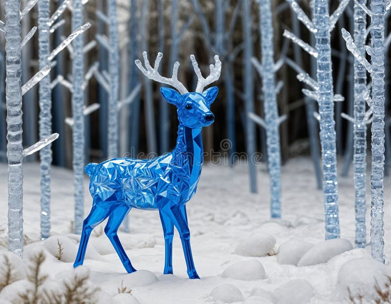 Blauhirsche aus Kristallen, die im Eiswald glänzend und zarte Perlen entstehen, die durch ai erzeugt werden stock abbildung