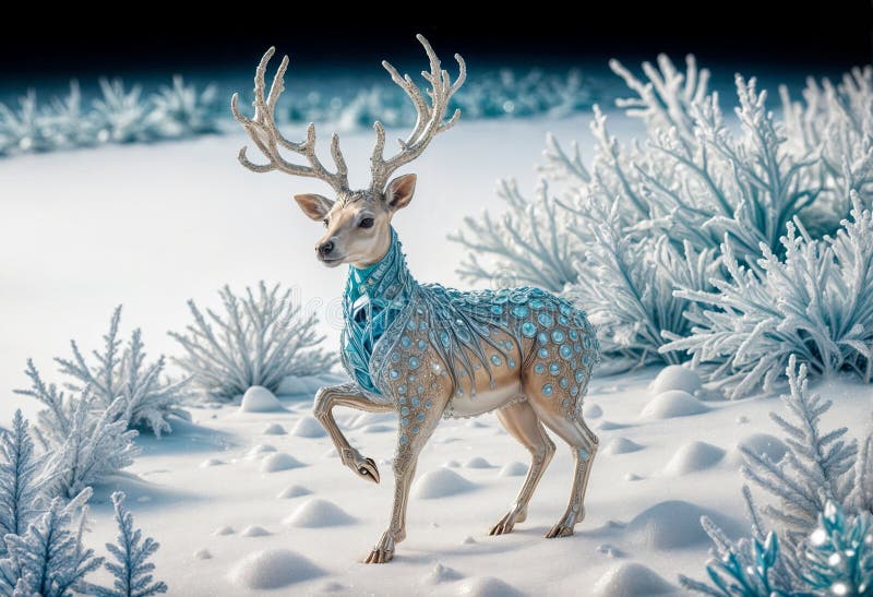 Blauhirsche aus Kristallen, die im Eiswald glänzend und zarte Perlen entstehen, die durch ai erzeugt werden vektor abbildung