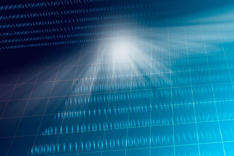 Blue grid with blurred binary code background, computer technology concept. Blue grid with blurred binary code background, computer technology concept