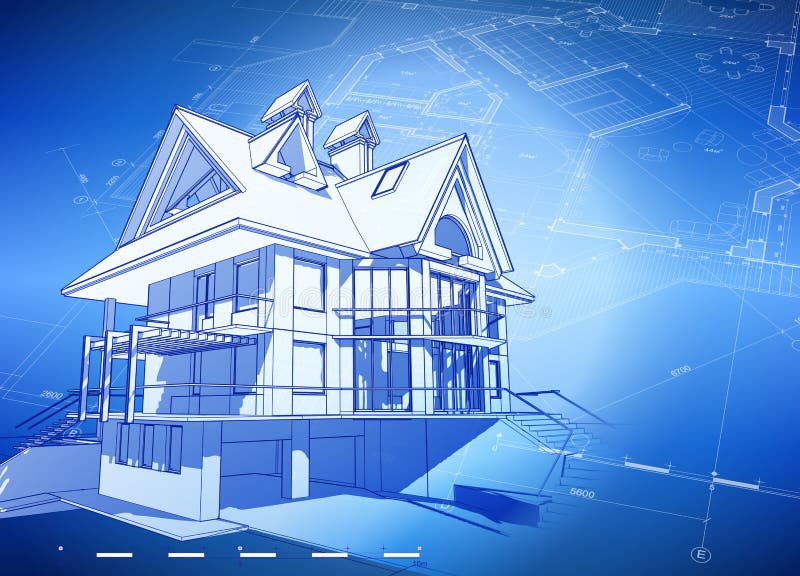 Architecture design: blueprint 3d house, plan & blue technology background - vector illustration. Architecture design: blueprint 3d house, plan & blue technology background - vector illustration