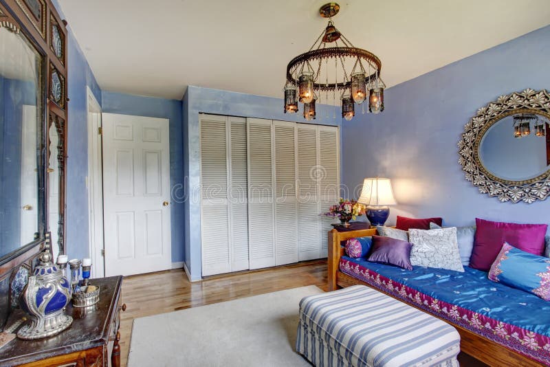 Blue bedroom with old antique furniture and closet. Blue bedroom with old antique furniture and closet