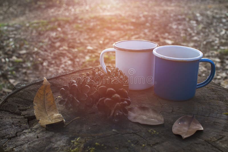 Blauwe en witte koppen van koffie op logboek royalty-vrije stock foto Blauwe en witte koppen van koffie op logboek royalty-vrije stock foto