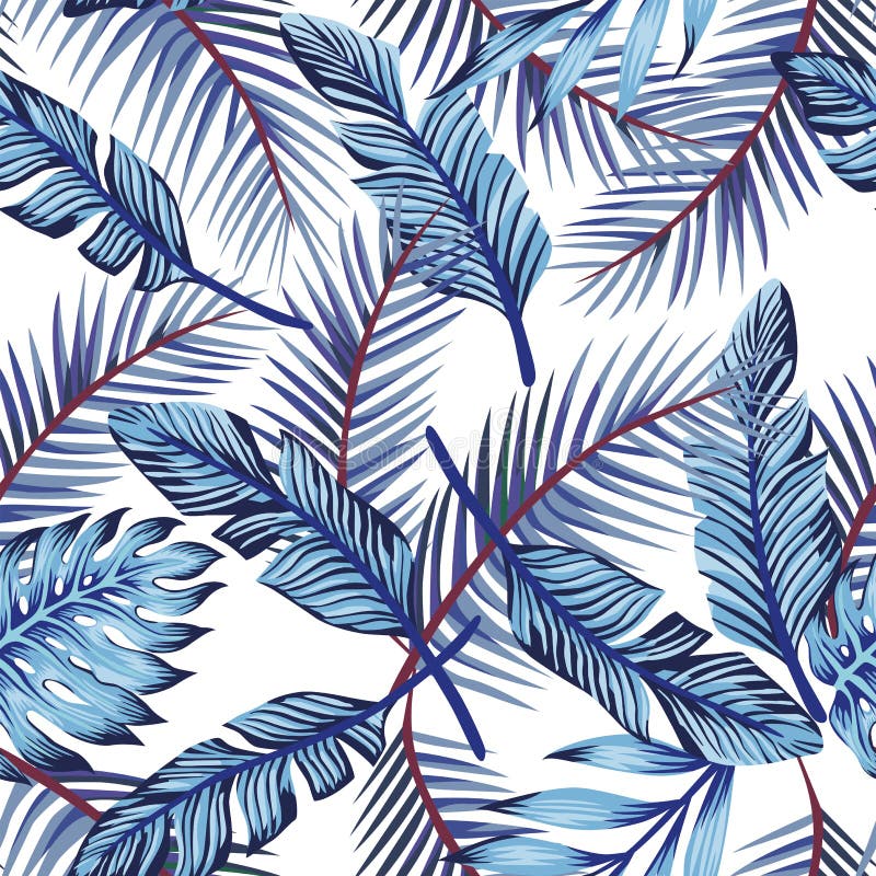 Blauwe exotische bladeren naadloze witte achtergrond stock illustratie Blauwe exotische bladeren naadloze witte achtergrond stock illustratie