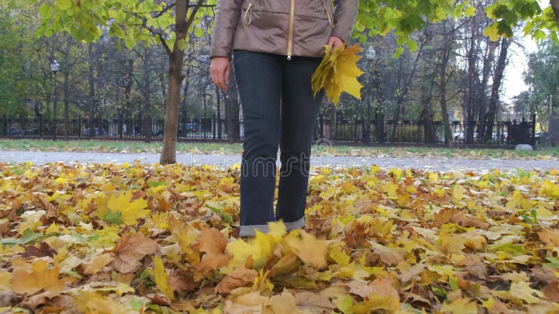 In blauwe jeans geklede vrouwtjes poten en schoendelaarzen lopen door het herfstblad