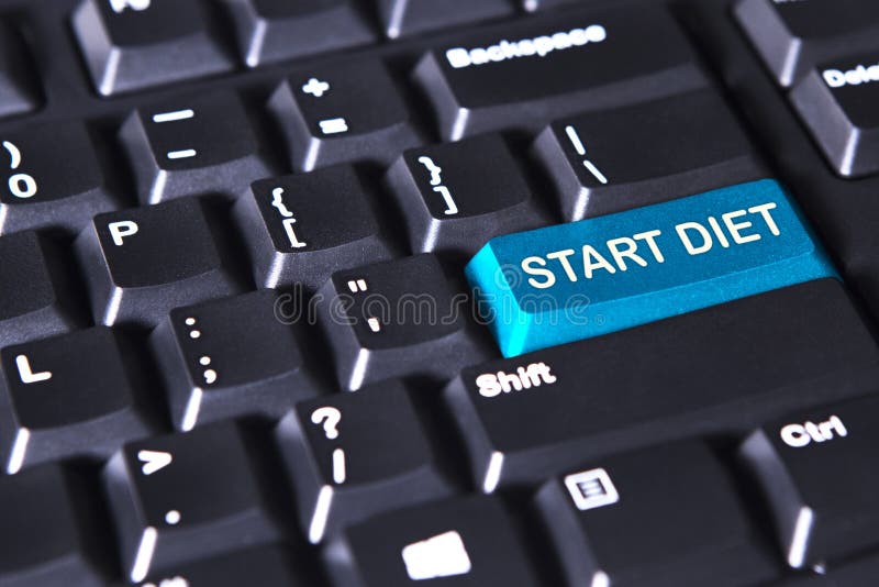 Blauwe knop met de tekst 'dieet starten' stock afbeeldingen