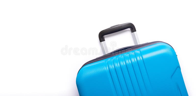 Blauwe koffer op witte achtergrond Creatieve de Zomervakantie, vakantie, de Banner van het reisconcept royalty-vrije stock fotografie Blauwe koffer op witte achtergrond Creatieve de Zomervakantie, vakantie, de Banner van het reisconcept royalty-vrije stock fotografie